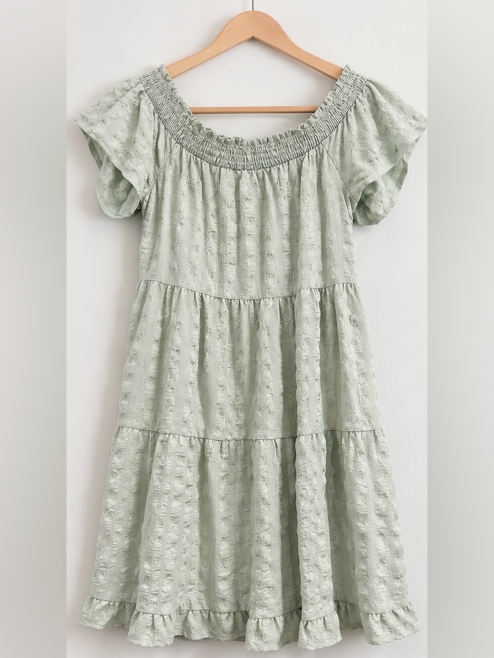 NWT Kaileigh Harper Off Shoulder Dress Mint Green Tiered Ruffle M